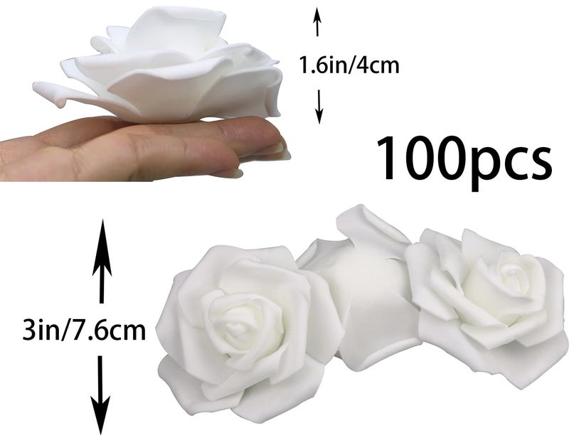 Lightingsky 3 x 1.6 x 3 inches 100pcs DIY Real Touch 3D Artificial Foam Rose Head Without Stem for Wedding Party Home Decoration (White) - Image 2